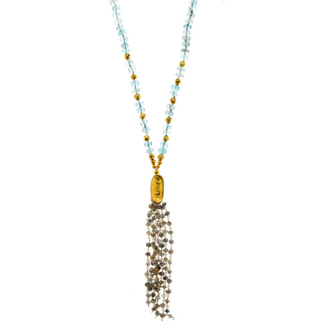 <P class=Body dir=ltr>Long Necklace of Aquamarine, Labradorite and Coated Aquamarine with a 24K Gold Pendant 28" Long + 4" Tassels or upon Request</P>