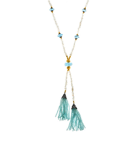 <P dir=ltr class=Body>Necklace of Moonstone and Aquamarine with 18K Solid Gold Nuggets and Diamon Set Huggers 22" Long + 5.5" Tassels or upon Request</P>