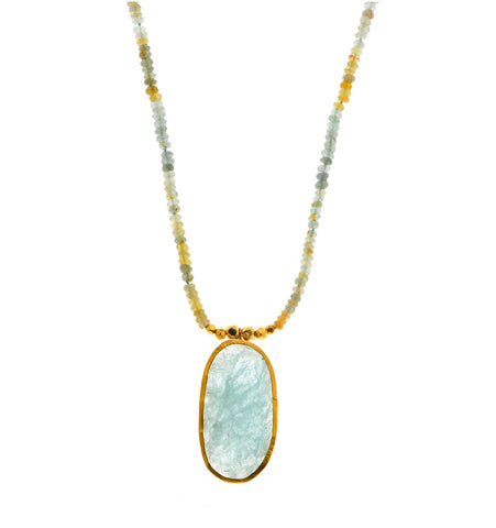 <P class=Body dir=ltr>One Of A Kind Multi Aquamarine Necklace with a large Oval Aquamarine Pendant wraped with 24K Gold 19" Long + 2" Pendant, or Upon request</P>