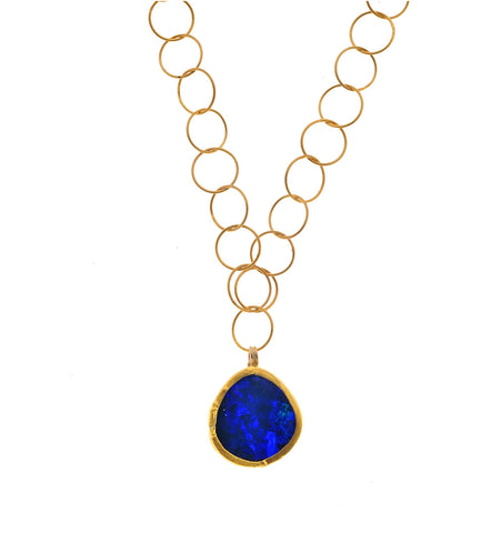 <P class=Body dir=ltr>Gold Necklace with an Opal Pendant wrapped with 24K Gold 18" Long (or upon request) + 0.8" Long Pendant Size, color and shape of Opal may vary</P>