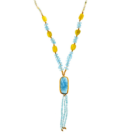 <P dir=ltr class=Body>Necklace of Aquamarine and Prehnite with a large Aquamarine drop wrapped in 24K Gold 23" Long + 4" Tassels or upon Request</P>