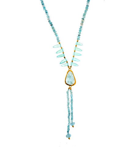 <P class=Body dir=ltr>Necklace of Aquamarine and Chalcedony drops, with a Large Aquamarine drop wrapped with 24K Gold 22" Long + 5" Tassels or upon Request</P>