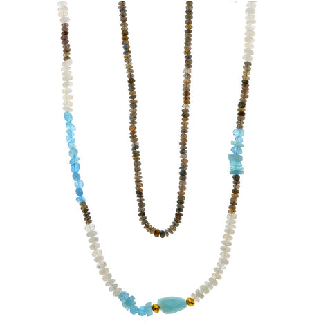 <P dir=ltr class=Body>Long Necklace of Moonstone, Labradorite and Aquamarine with two 22K Solid Gold Nuggets 52"&nbsp;Long&nbsp;or upon Request</P>