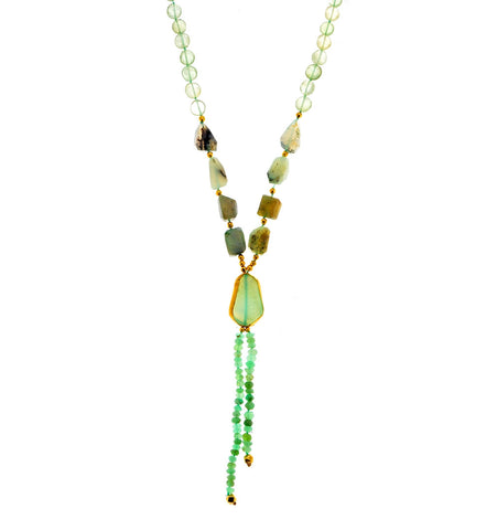 <P class=Body dir=ltr>Necklace of Chrysophase and Prehnite with an uneven shaped Opal wrapped with 24K Gold 27" Long + 4" Tassels or upon Request</P>