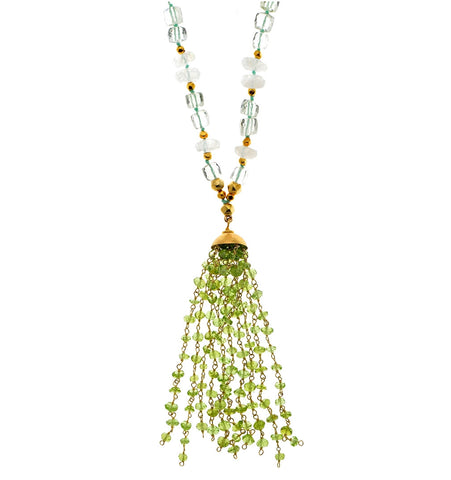 <SPAN style="COLOR: #644f21">Long Necklace of Green Amethyst, Peridot and Moonstone with an 18K Gold handmade Dome 22" Long + 3.5" Tassel or upon request