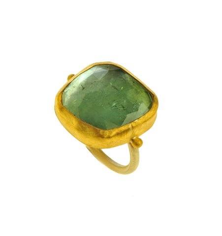 <P dir=ltr class=Body>Green Tourmaline uneven square shaped Gold Ring, wrapped with 24K Gold Measurments of stone is&nbsp;17 x 18mm Shape, Size and Color of Tourmaline may vary</P>