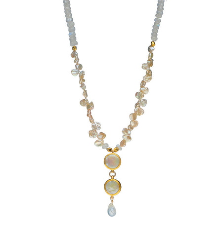 <P dir=ltr class=Body>Necklace of Moonstone and Kashi Pearls with two Pearl drops wrapped with 24K Gold. 23" Long + 2" Drop, or upon request</P>