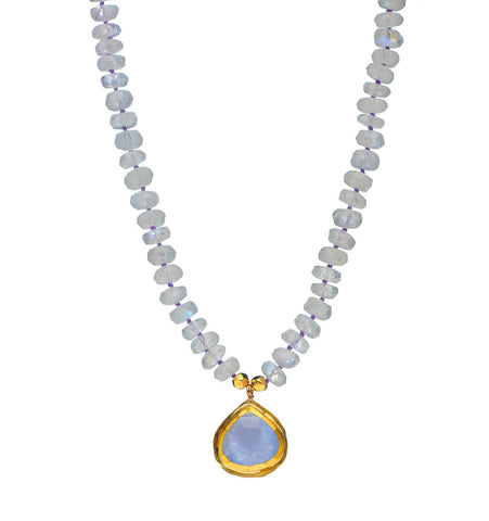 <P dir=ltr class=Body>Moonstone Necklace with a Drop of Lavender colored Chalcedony, wrapped with 24K Gold 18" Long, or upon request. Drop is 1" Long.</P>