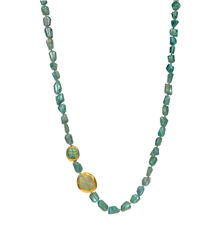 <P dir=ltr class=Body>Apatite Necklace with two Chalcedony and Apatite stones wrapped with 24K Gold 20" Long or upon request</P>