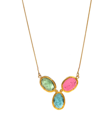 <P dir=ltr class=Body>One of A Kind Gold Necklace with Three stunning Blue, Green and Pink Tourmalines, all wrapped with 24K Gold 19" Long + 1" Drop</P>