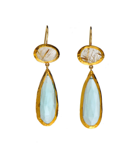 <P dir=ltr class=Body>Double stone Earrings of Rutilated Quartz and Blue Quartz, both wrapped with 24K Gold Hang 60mm Width 14mm</P>