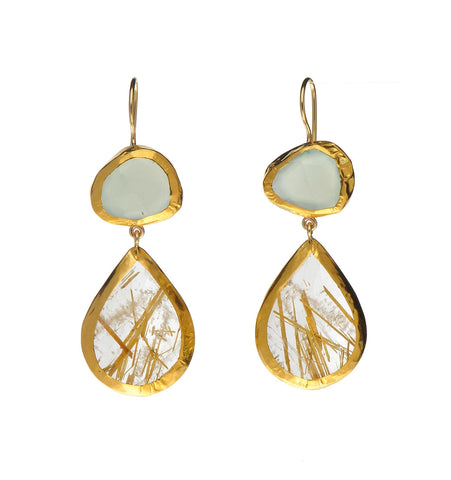 <P dir=ltr class=Body>Double stone Earrings of Blue Chalcedony and Large Rutilated Quartz, both wrapped with 24K Gold Hang 50mm Width 19mm</P>