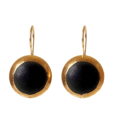 Round Onyx Earrings wrapped in 24K Gold with Sterling Silver backing Hang 17 mm Width 10 mm