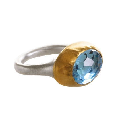 Oval Sky Blue Topaz Ring wrapped in 24K gold with Sterling Silver band 18 x 12 mm