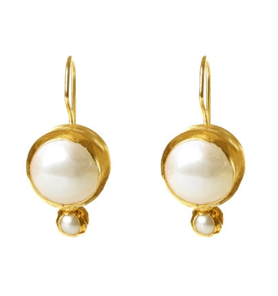 Round Pearl Earrings with small Pearl wrapped in 24K Gold with Sterling Silver backing Hang 25 mm Width 10 mm