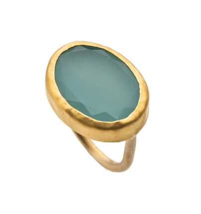 Oval Peruvian Chalcedony ring set in 24K gold on 14K gold band