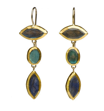 Three-stone Labradorite earrings wrapped in 24K pure gold Hang 46 mm Width 15 mm