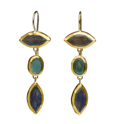 Three-stone Labradorite earrings wrapped in 24K pure gold Hang 46 mm Width 15 mm