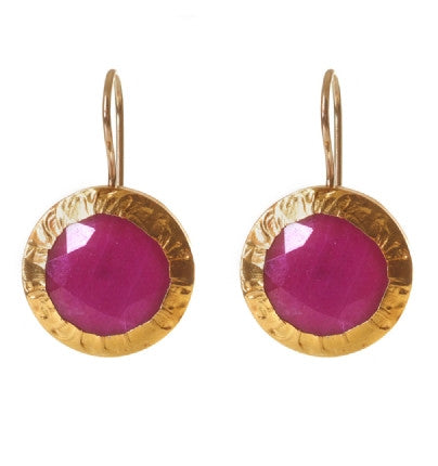 Round Ruby (Corundum) Earrings wrapped in 24K Gold with Sterling Silver backing. Width 14mm