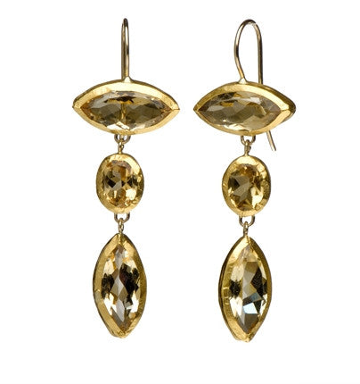 Long three-stone Citrine earrings wrapped in 24K pure gold Hang 50 mm Width 15 mm