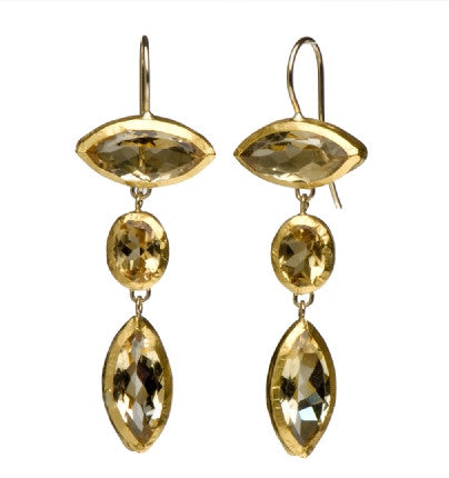 Long three-stone Citrine earrings wrapped in 24K pure gold Hang 50 mm Width 15 mm