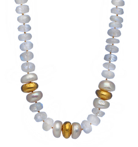 Moonstone and Pearl Necklace with three stones wrapped in Pure Gold 18" Long or upon request