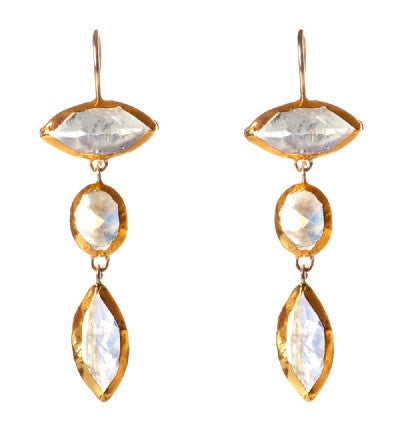 Moonstone Chandelier Earrings wrapped in 24K Gold Hang 45 mm Width 15 mm