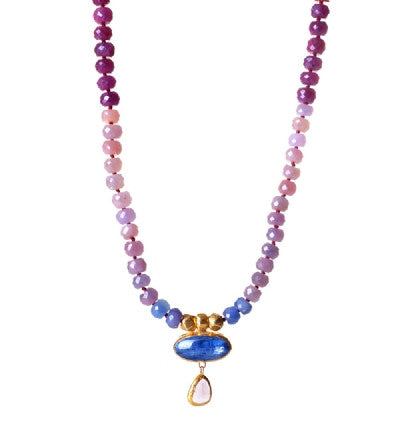 Add a treasure to your jewelry collection. This fabulous Necklace is hand-crafted of wonderful Multi-Sapphire gemstones, with double drops of Kyanite and Tourmaline wrapped in 24K Gold. The colors of the stones are unbelievable and will attract attention and win compliments.