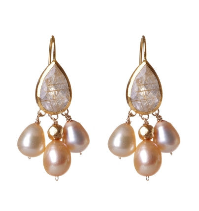 Chandelier Earrings of Rutilated Quartz and Freshwater Pearls wrapped in 24K Gold Hang 40 mm Width 20 mm