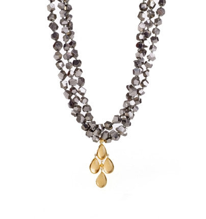 This fabulous Necklace features three strands of&nbsp;amazing Pyrite gemstones and&nbsp;an exquisite Crystal chandelier drop with 24K gold under the stone. It is both regal and majestic, and will draw attention and win compliments.&nbsp;Matching earrings available. 16.5" or upon request