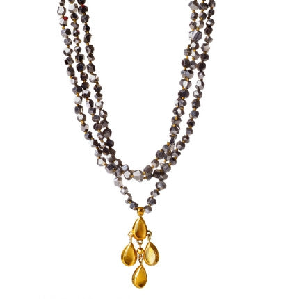 This fabulous Necklace features three strands of&nbsp;amazing Pyrite gemstones and&nbsp;an exquisite Crystal chandelier drop with 24K gold under the stone. It is both regal and majestic, and will draw attention and win compliments.&nbsp;Matching earrings available. 16.5" or upon request