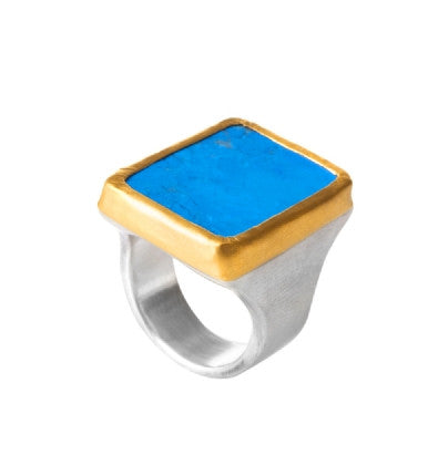 Large Rectangular Turquoise Ring wrapped in 24K Gold with Sterling Silver band 18mm x 24mm Size 7 only