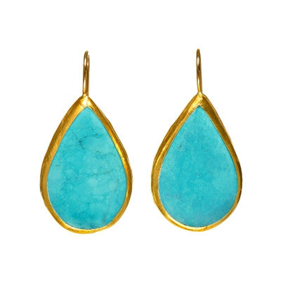 Gaint Pear shape Turquoise Earrings wrapped in 24K Gold Hang 38mm Width 20mm