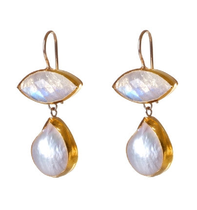 Oval Moonstone Earrings wrapped in 24K Gold with Freshwater Pearl drops Hang 32 mm Width 17 mm