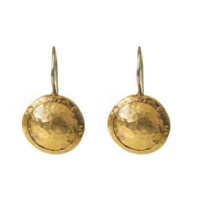 Round hand-hammered 24K gold Earrings Hang 25mm Width 14mm