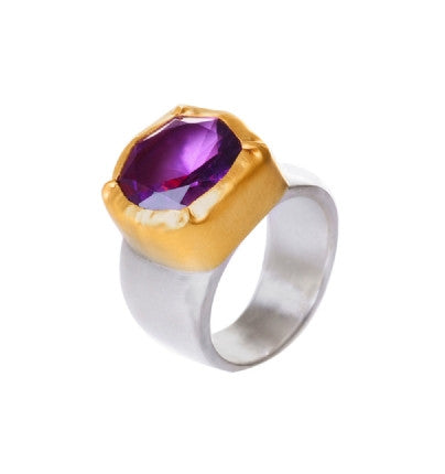 Round Amethyst Ring wrapped in 24K Gold with Sterling Silver Band 15 X 15mm