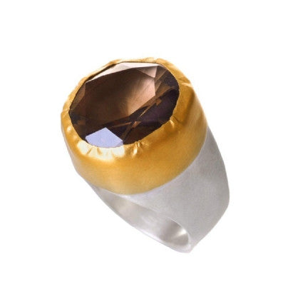 Round Large Smoky Topaz Ring wrapped in 24K Gold with Sterling Silver Band 20 X 20mm