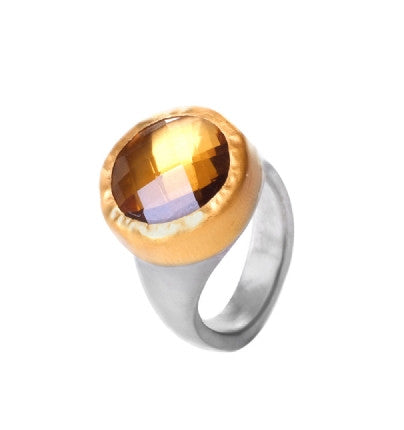 Round Cognac Quartz Ring wrapped in 24K Gold with Sterling Silver Band 16 X 16mm