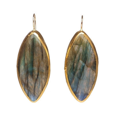 Large Marquise Labradorite Earrings wrapped in 24K Gold Hang 50mm Width 20mm