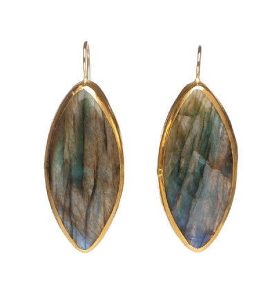 Large Marquise Labradorite Earrings wrapped in 24K Gold Hang 50mm Width 20mm