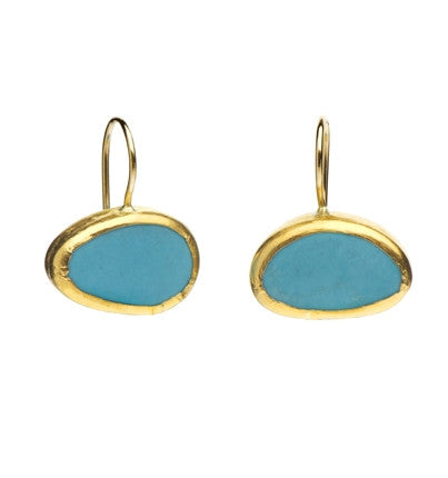 Oval Turquoise Earrings wrapped in 24K Gold Hang 18mm Width 20mm