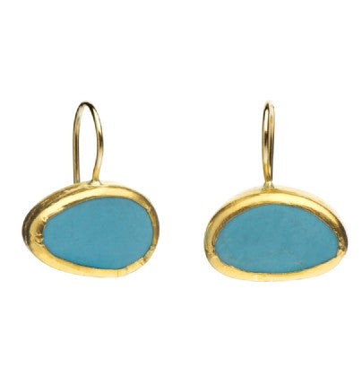 Oval Turquoise Earrings wrapped in 24K Gold Hang 18mm Width 20mm