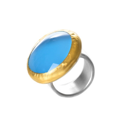 Large round Light Blue Chalcedony Ring wrapped in 24K Gold with Sterling Silver band 25mm x 25mm