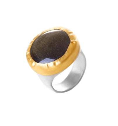 Round Obsidian Ring wrapped in 24K Gold with Sterling Silver band