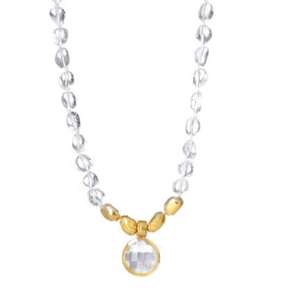 This magnificent Necklace is finely hand-crafted of luminous Crystal gemstones with five stones and a Crystal center wrapped in 24K Gold. You are sure to shine with this lustrous piece of jewelry. 18" Long