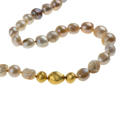 Long Necklace of Giant Freshwater Pearls with three stones wrapped in 24K Gold 25" Long