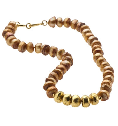 This Necklace is finely handcrafted of lustrous Bronze Freshwater Pearls, with five stones wrapped in 24K Gold. Nothing can match the charm of a Pearl Necklace, which is the perfect accessory to any ensemble in your wardrobe.&nbsp;