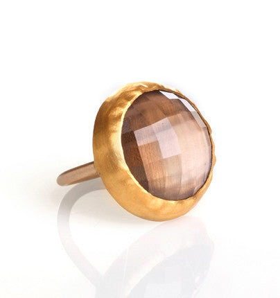 Round Smoky Topaz Ring wrapped in 24K Gold with 14K solid Gold band