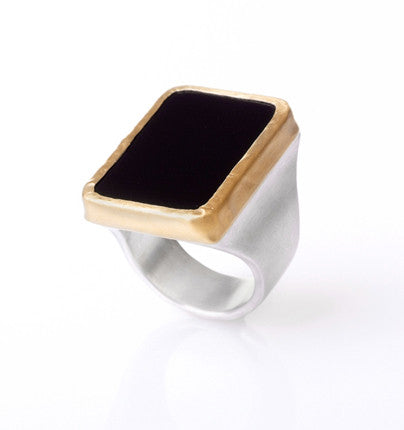 Large Rectangular Onyx Ring wrapped in 24K Gold with Sterling Silver band Size 7 Only!