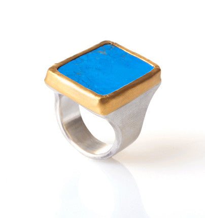 Large Rectangular Turquoise Ring wrapped in 24K Gold with Sterling Silver band 18mm x 24mm Size 7 only